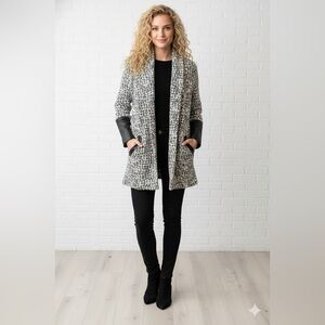 Conrad C Shimmer Knit Sweater Coat - Faux Leather Trim - Oversized XS/S/M